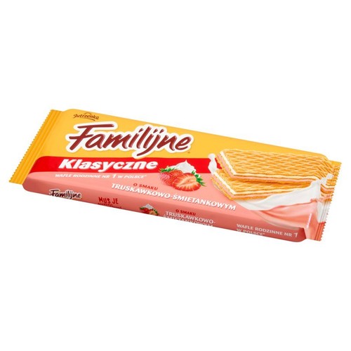 Wafle przekładane kremem o smaku truskawkowo-śmietankowym Jutrzenka 180 g